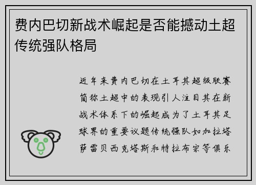 费内巴切新战术崛起是否能撼动土超传统强队格局