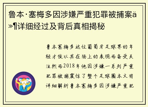 鲁本·塞梅多因涉嫌严重犯罪被捕案件详细经过及背后真相揭秘