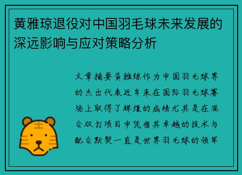 黄雅琼退役对中国羽毛球未来发展的深远影响与应对策略分析 黄雅琼退役对中国羽毛球未来发展的深远影响与应对策略分析